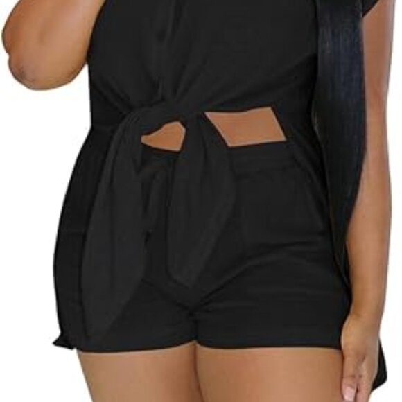2 Piece Top & Shorts Crop W/Front Ties Matching Shorts Women Size X-Large Black - Picture 2 of 5